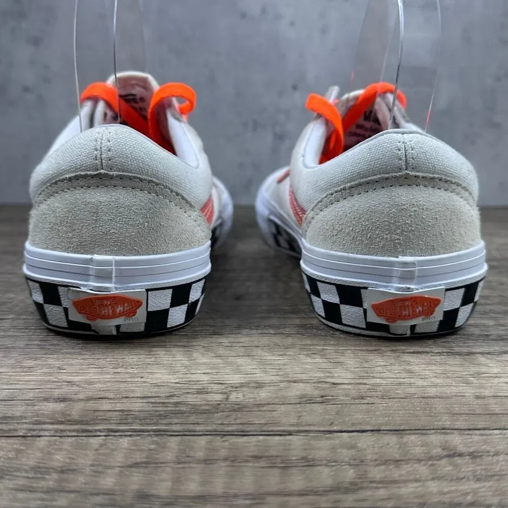Vans~Mens~Old‎ Skool Pro Shoes White Orange Checkerboard Skate Sneakers~Size 6
